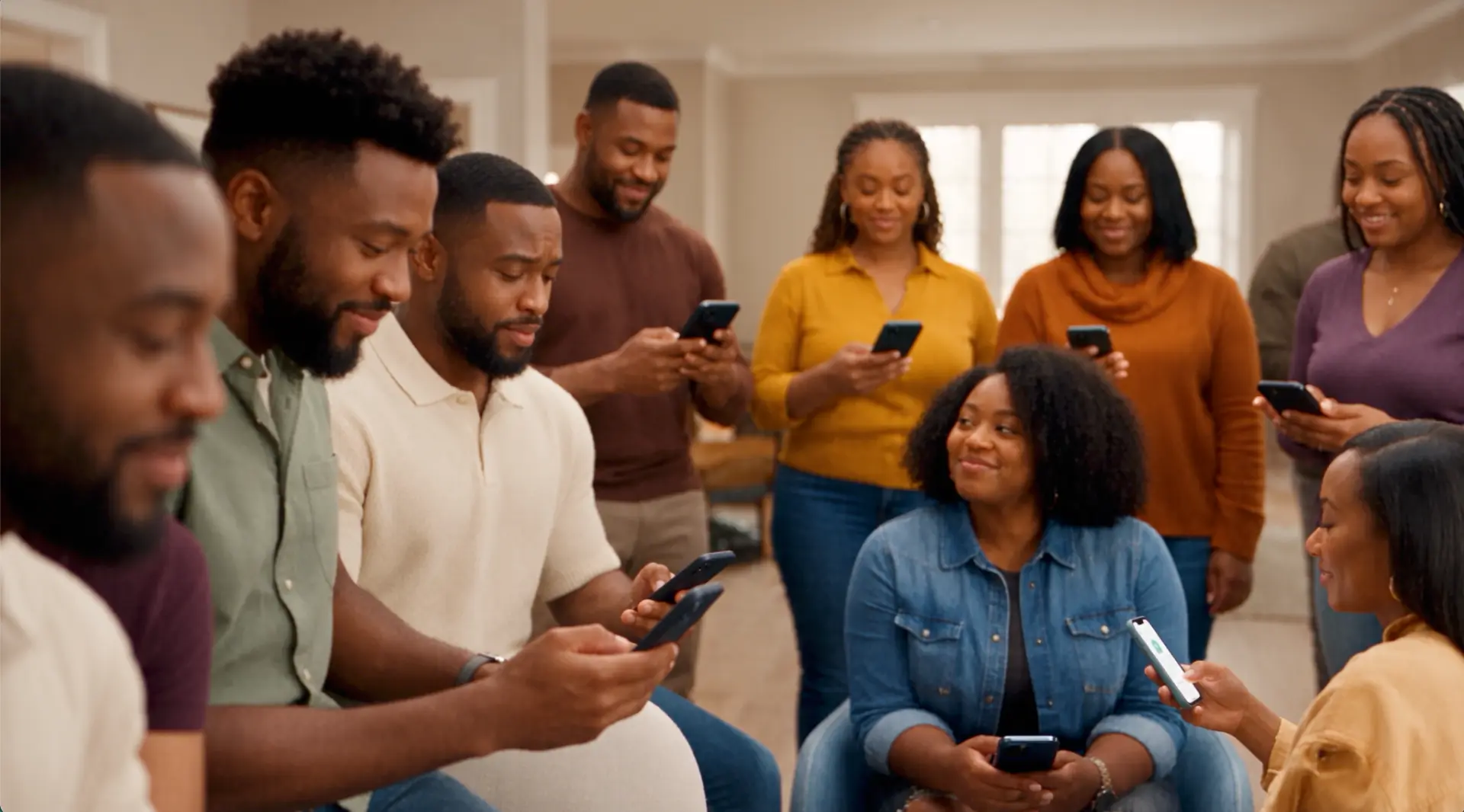A community of friends gathered together, phones in hand, organizing their savings circle